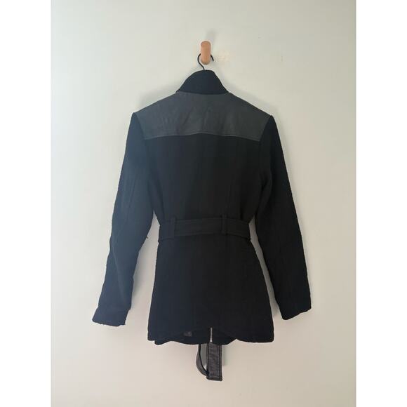 Guess Black Wool Blend Coat Large Faux Leather Shoulder Zip Up Fall Jacket - Picture 5 of 8